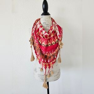 William Rast Red and Tan Scarf Braided Tassels Geometric Flower Pattern
